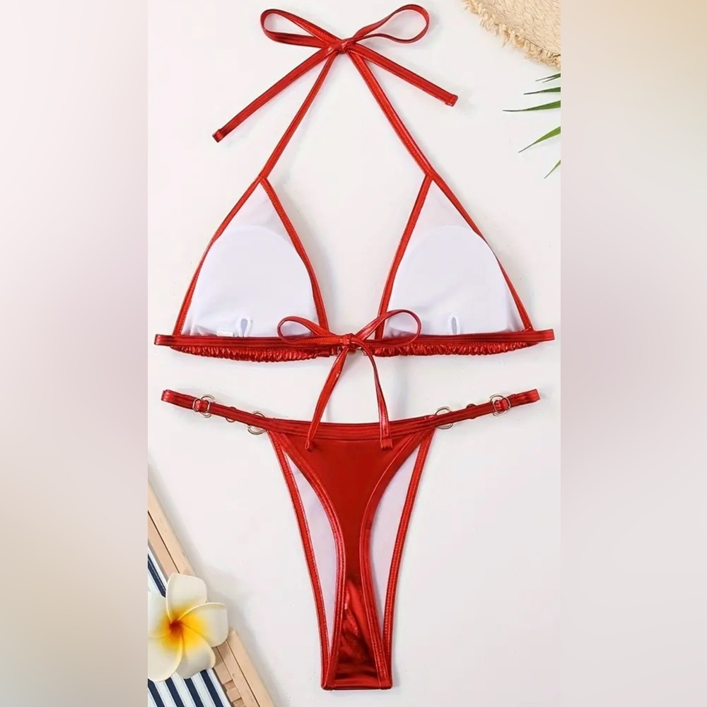 Red Metallic Triangle Halter Thong Bikini Set - Picture 6 of 12